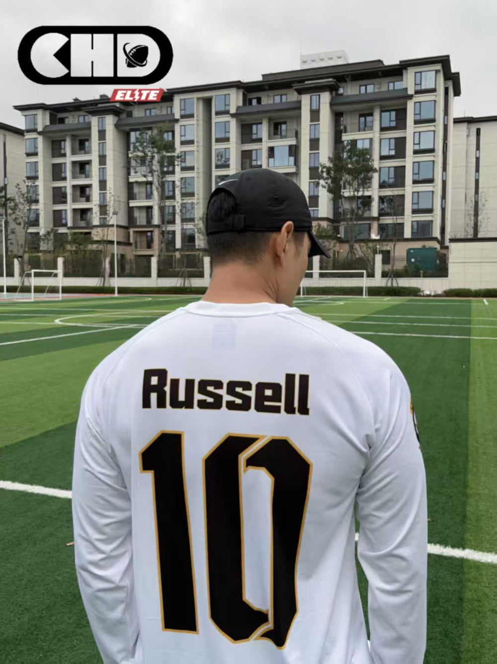 Back of white long-sleeve flag football jersey with Russell and number 10