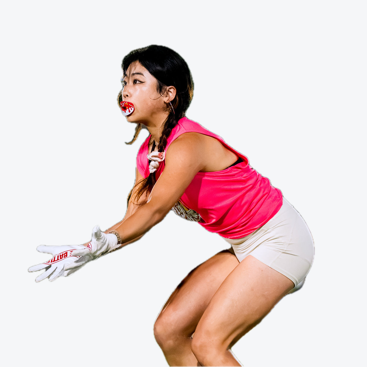 Real CHD mouthguard player photo — square composition — chd candy roam pink design football mouthguard