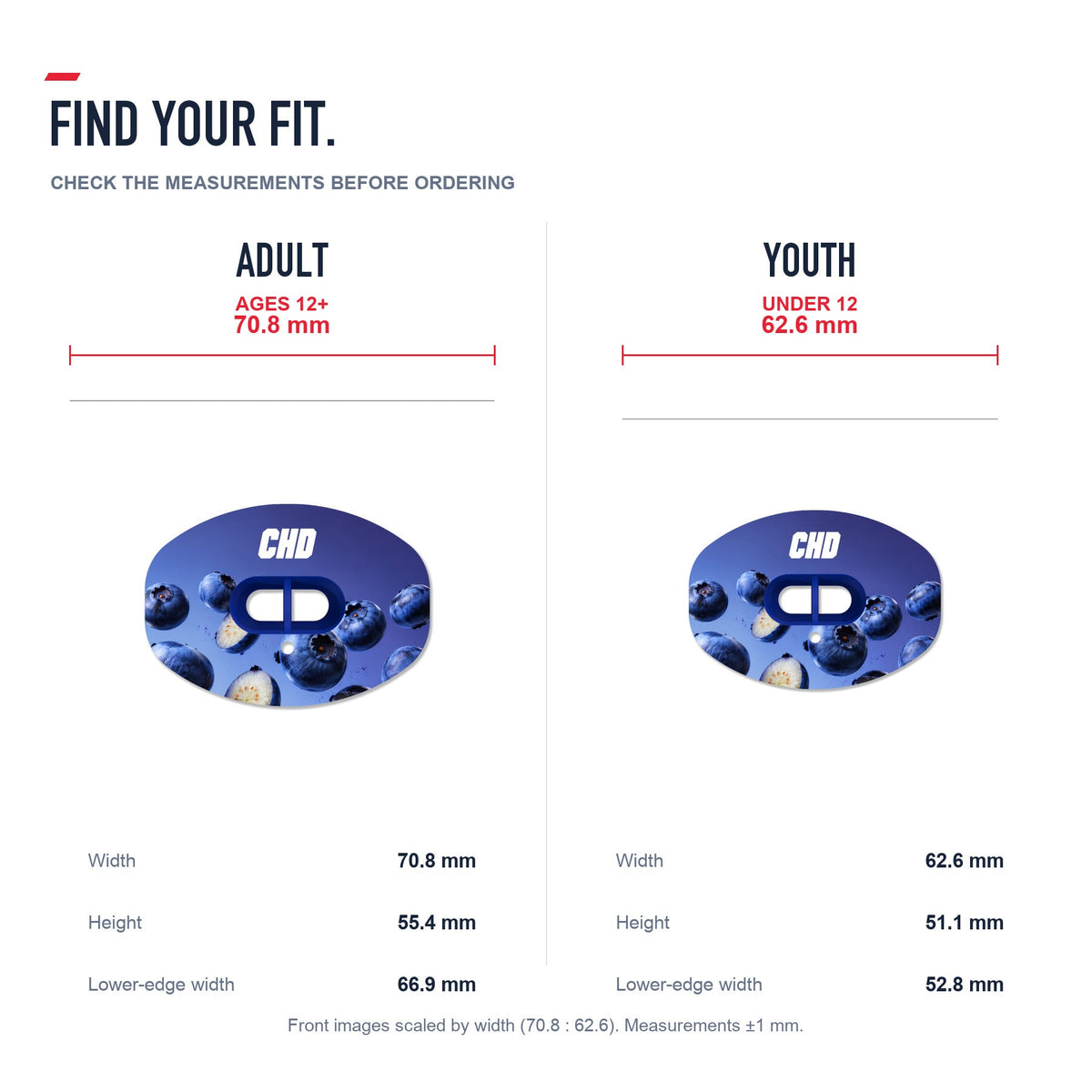 CHD Blueberry Party Design Football Mouthguard — size and fit guide