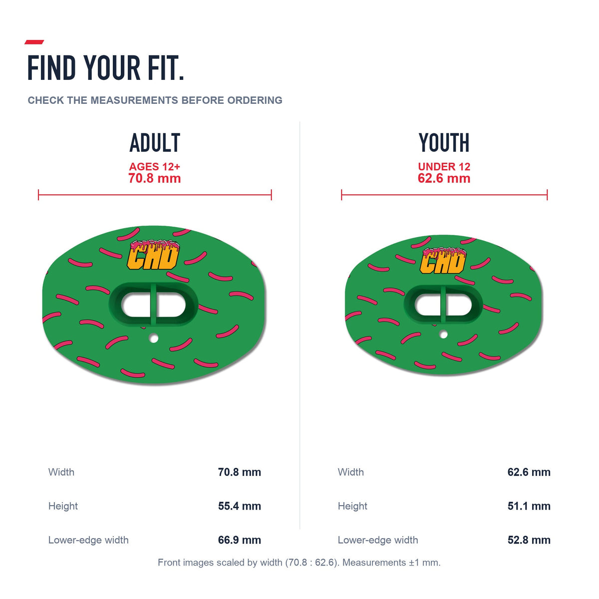 CHD Donut - Green Design Football Mouthguard — size and fit guide