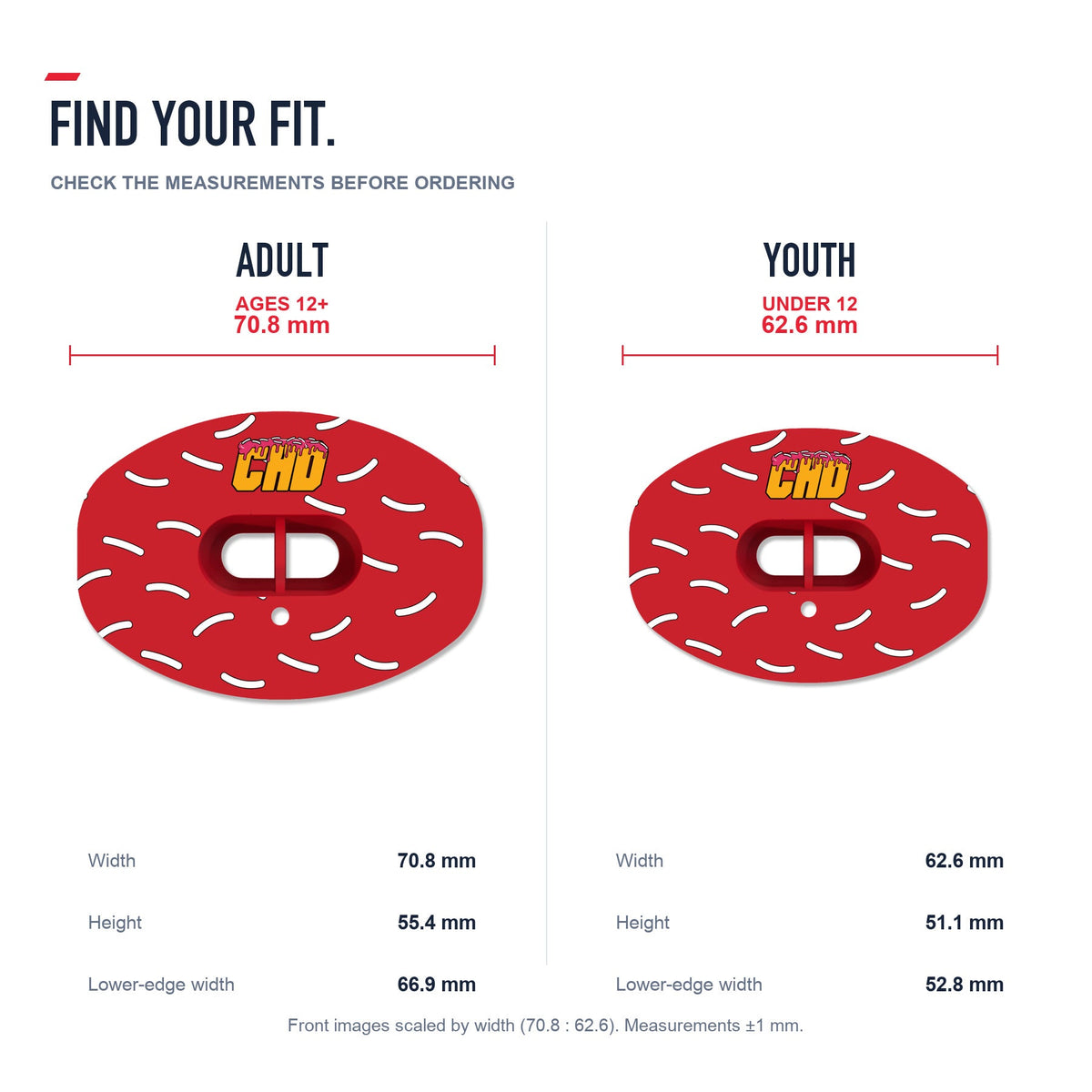 CHD Donut - Red Design Football Mouthguard — size and fit guide