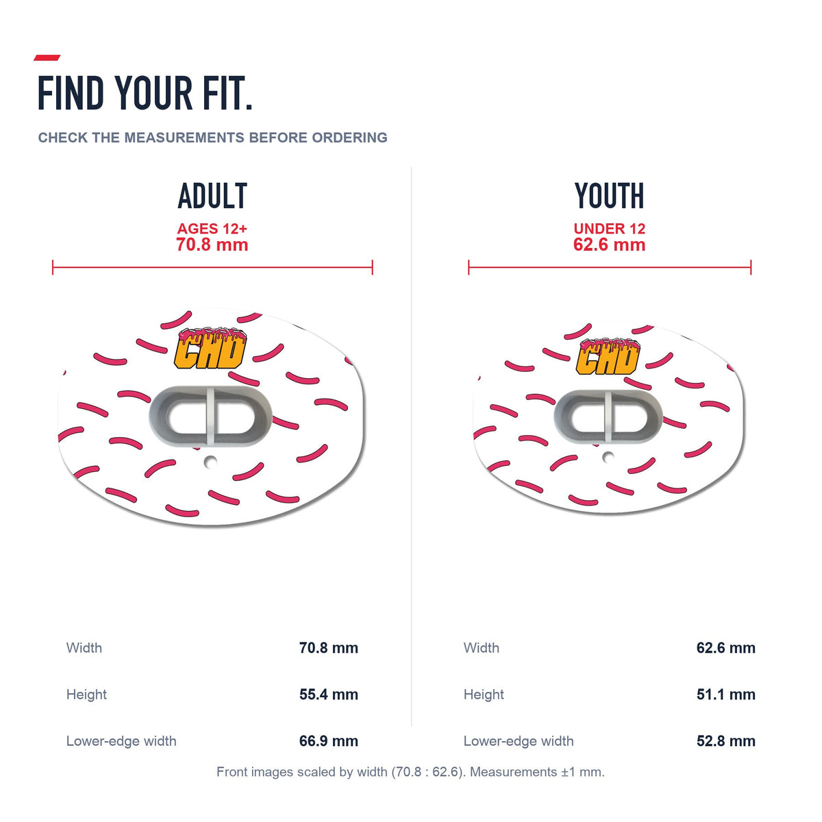 CHD Donut - White Design Football Mouthguard — size and fit guide