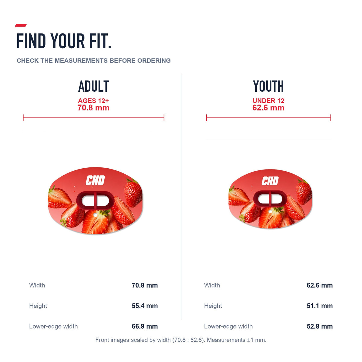 CHD Strawberry Party Design Football Mouthguard — size and fit guide