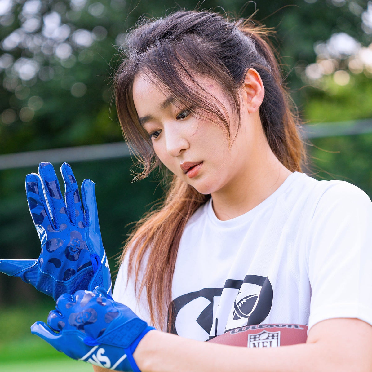 Real customer photo of CHD G1 Navy Blue Receiver Football Gloves; square crop from original CHD photo