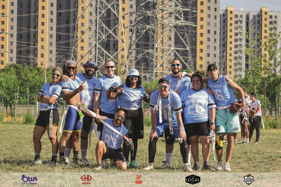 Beijing Legends Mandos team in matching light blue T608 flag football jerseys