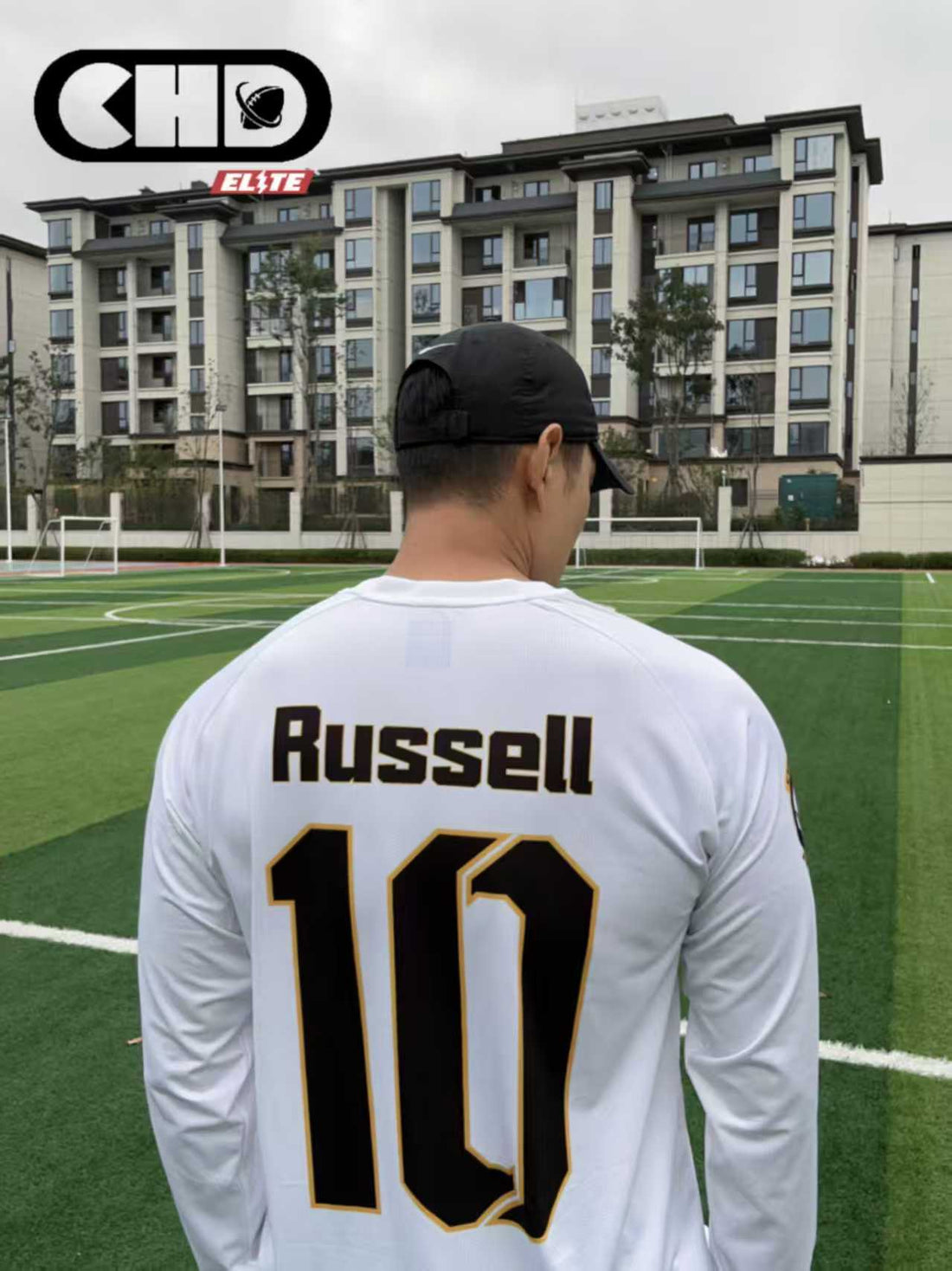 Back of white long-sleeve flag football jersey with Russell and number 10