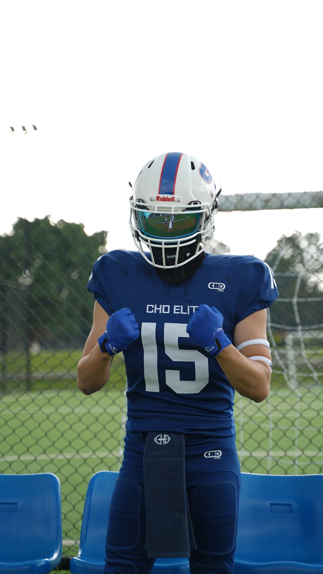 Blue football jersey with a large white number 15 on the front