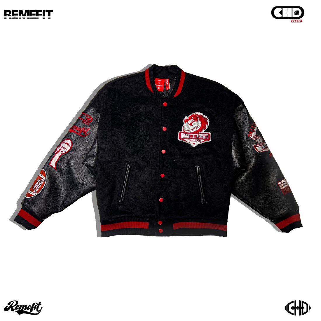 Black and red varsity jacket with a chest crest and decorated sleeves