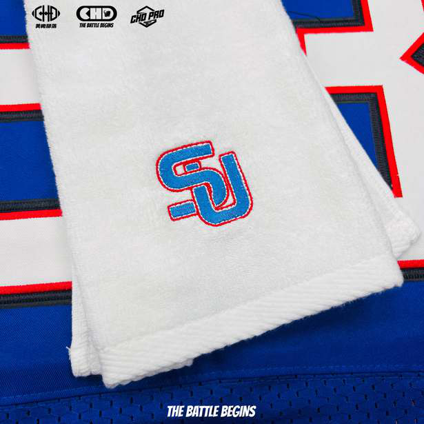 White custom football towel with a blue and red logo
