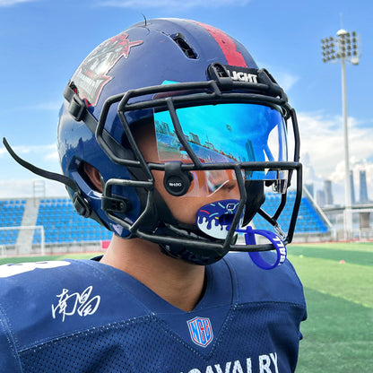 Real CHD mouthguard player photo — square composition — chd candy roam blue design football mouthguard