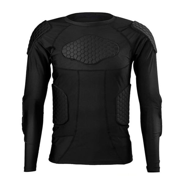 Football wearing adult crash suit, long sleeved black