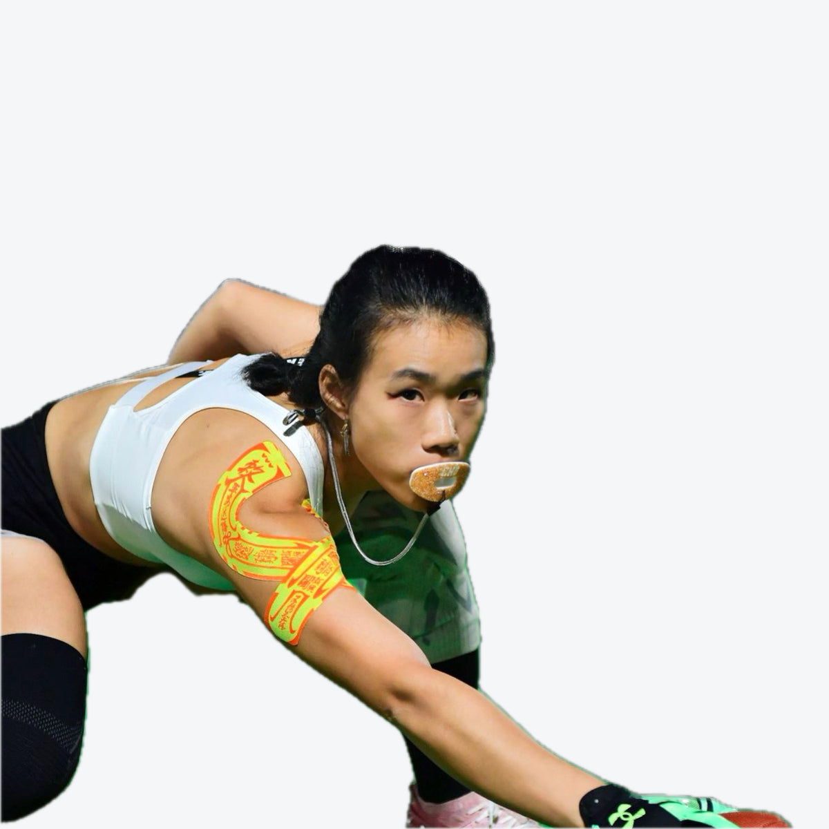 Real CHD mouthguard player photo — square composition — chd diamond gold on white football mouthguard