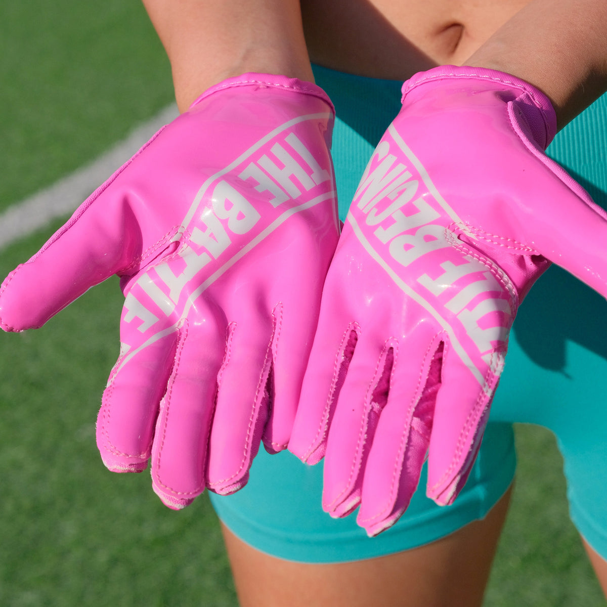 CHD G1 Pink receiver gloves - photographed worn detail