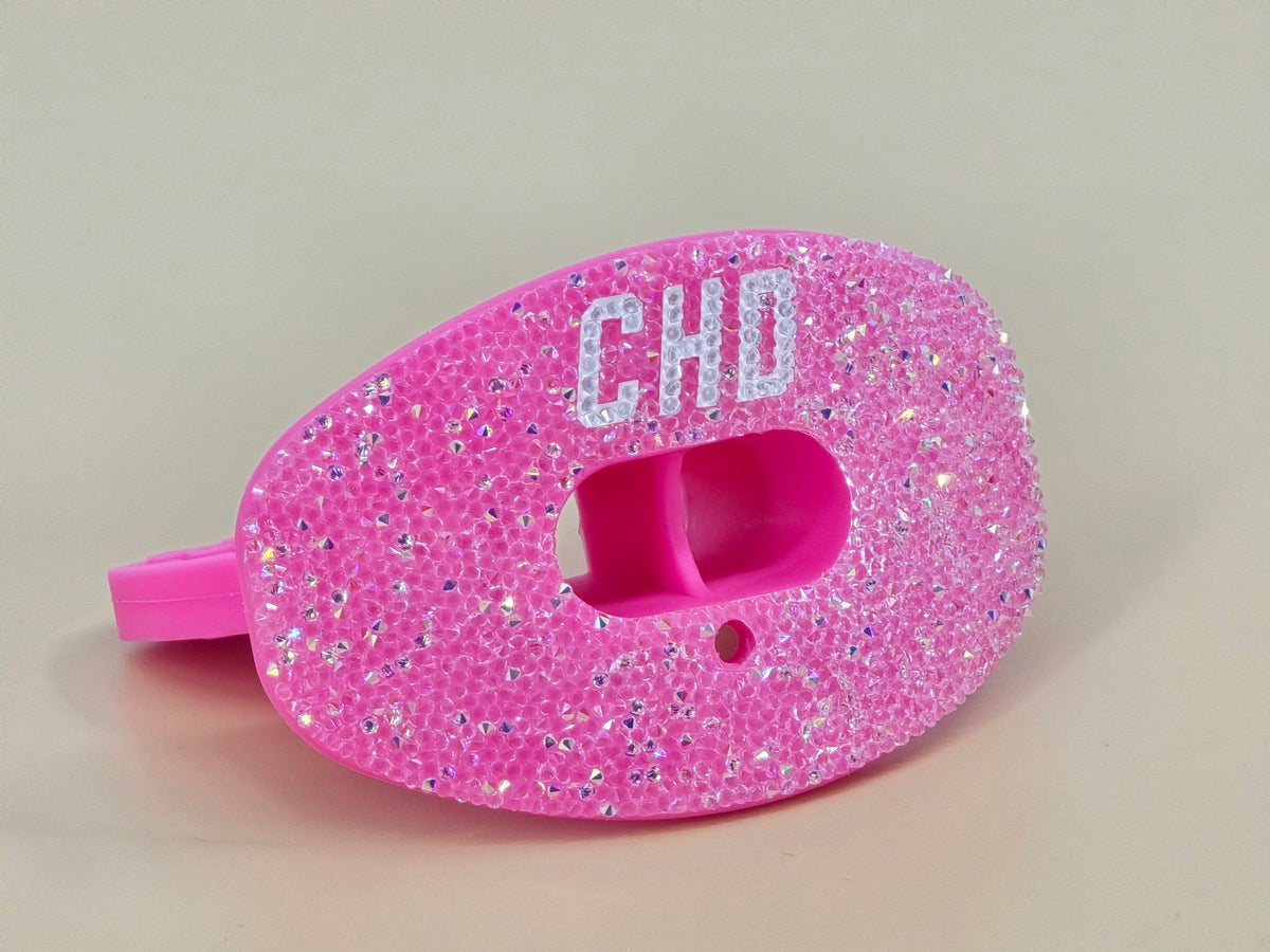 CHD Diamond Pink on Pink mouthguard — real angled view