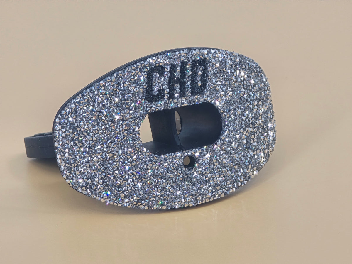 CHD Diamond Silver on Black mouthguard — real angled view