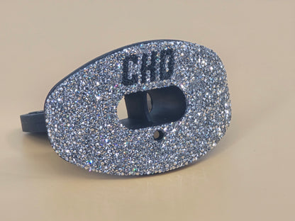 CHD Diamond Silver on Black mouthguard — real angled view