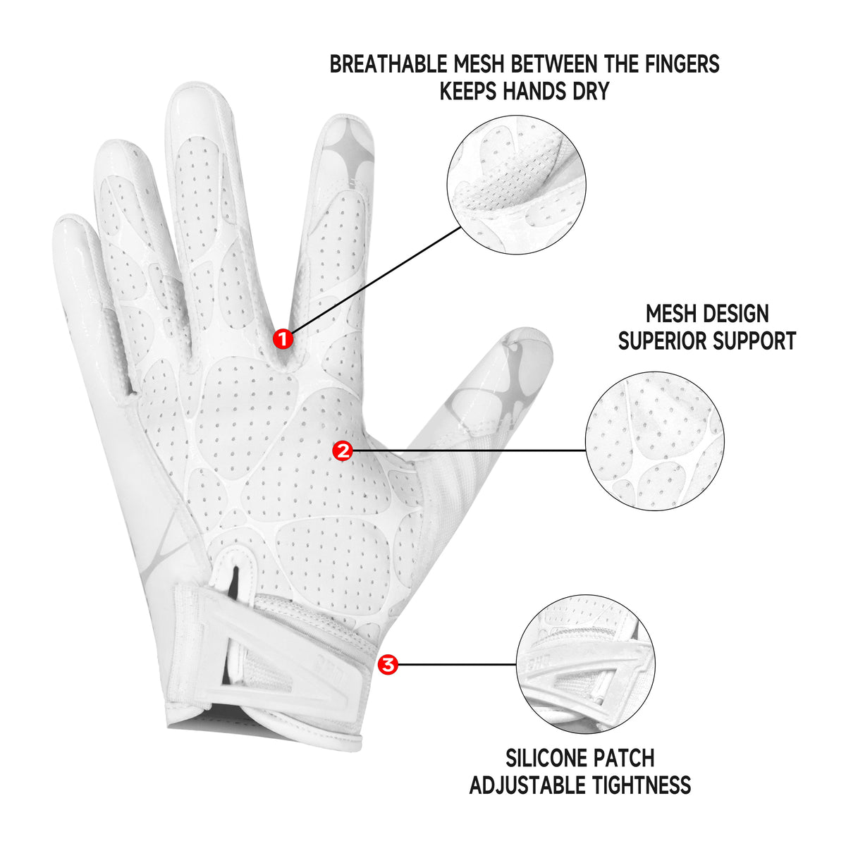 CHD ACE white glove detail diagram showing finger-side mesh, perforated back panels and adjustable wrist closure