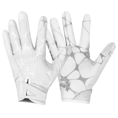 CHD ACE white football gloves, back and silicone palm views on a clean white background