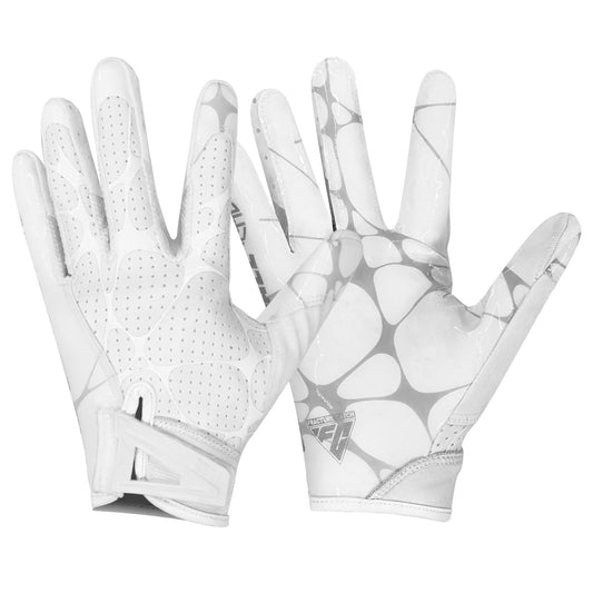 CHD ACE white football gloves, back and silicone palm views on a clean white background