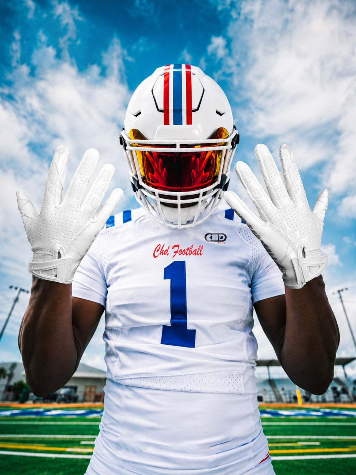 CHD ACE white gloves worn on both hands; brand product styling image