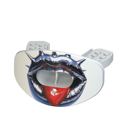 CHD Punk Red Tongue design mouthguard — angled view