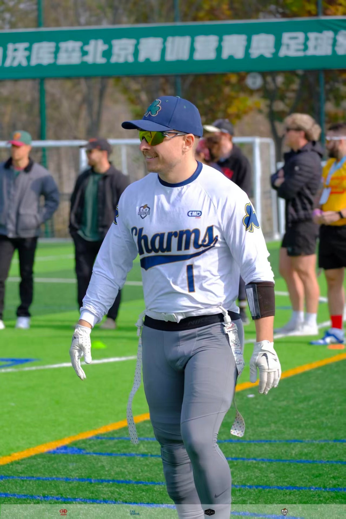 T607 custom long-sleeve flag football jersey example, worn on field