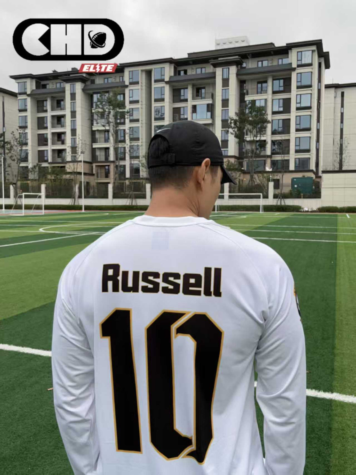 T607 custom long-sleeve flag football jersey example, back view