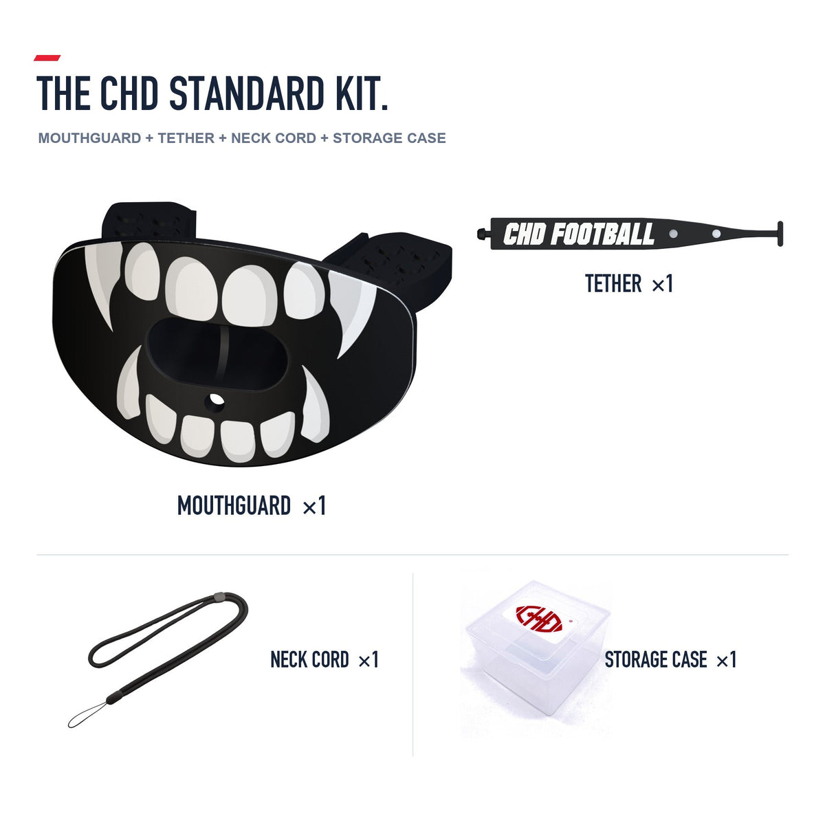 CHD Beast Fangs - Black Design Football Mouthguard — standard kit with matching tether