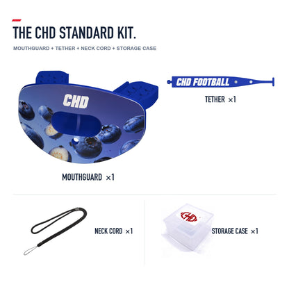 CHD Blueberry Party Design Football Mouthguard — standard kit with matching tether