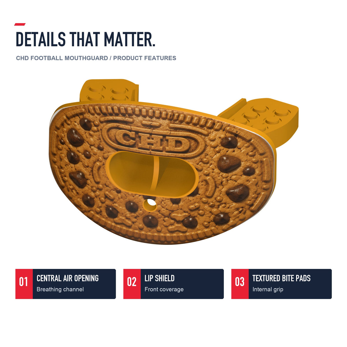 CHD Chocolate Chip Cookie Design Football Mouthguard — angled structure details