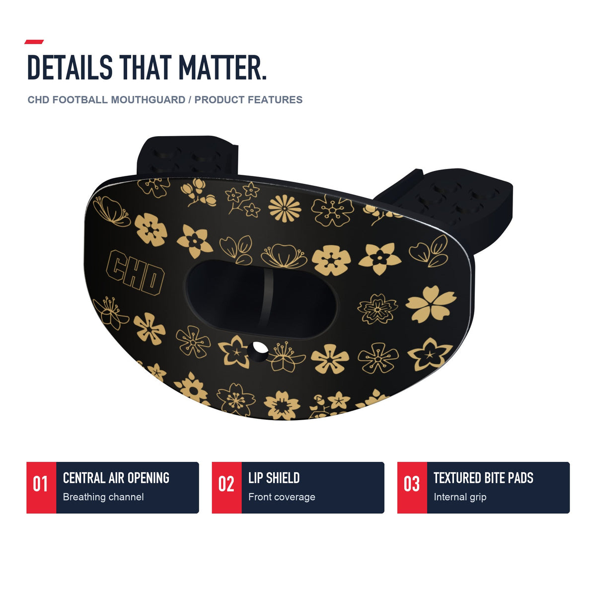 CHD Classic Monogram Design Football Mouthguard — angled structure details