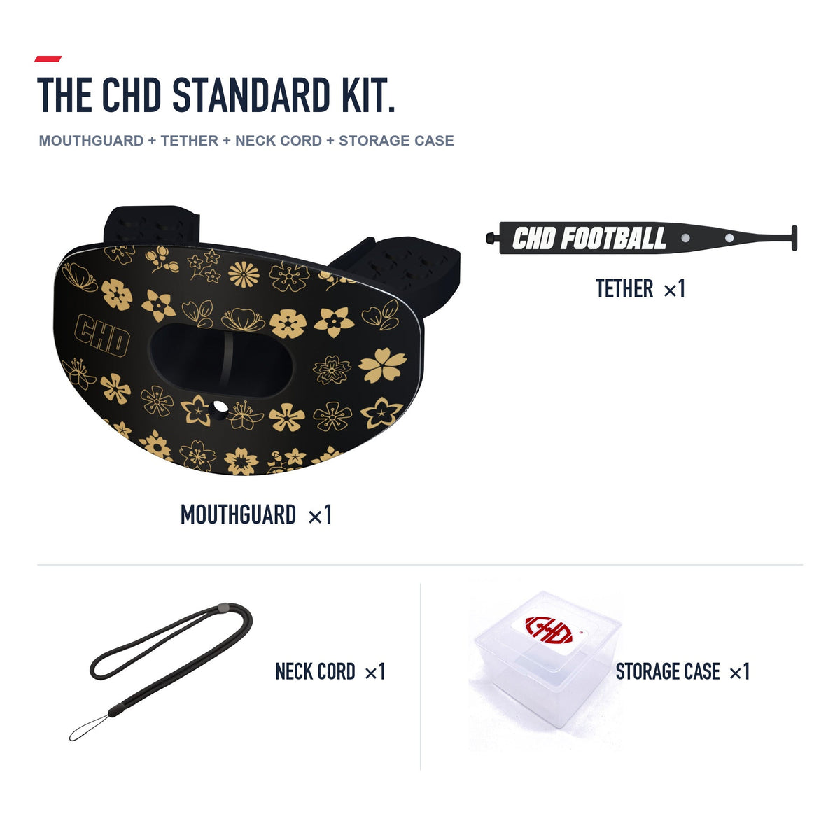 CHD Classic Monogram Design Football Mouthguard — standard kit with matching tether