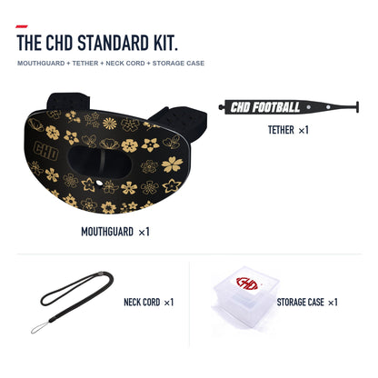 CHD Classic Monogram Design Football Mouthguard — standard kit with matching tether