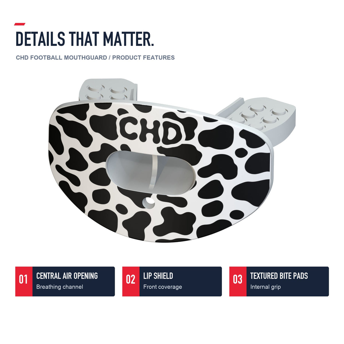 CHD Cow Print Design Football Mouthguard — angled structure details