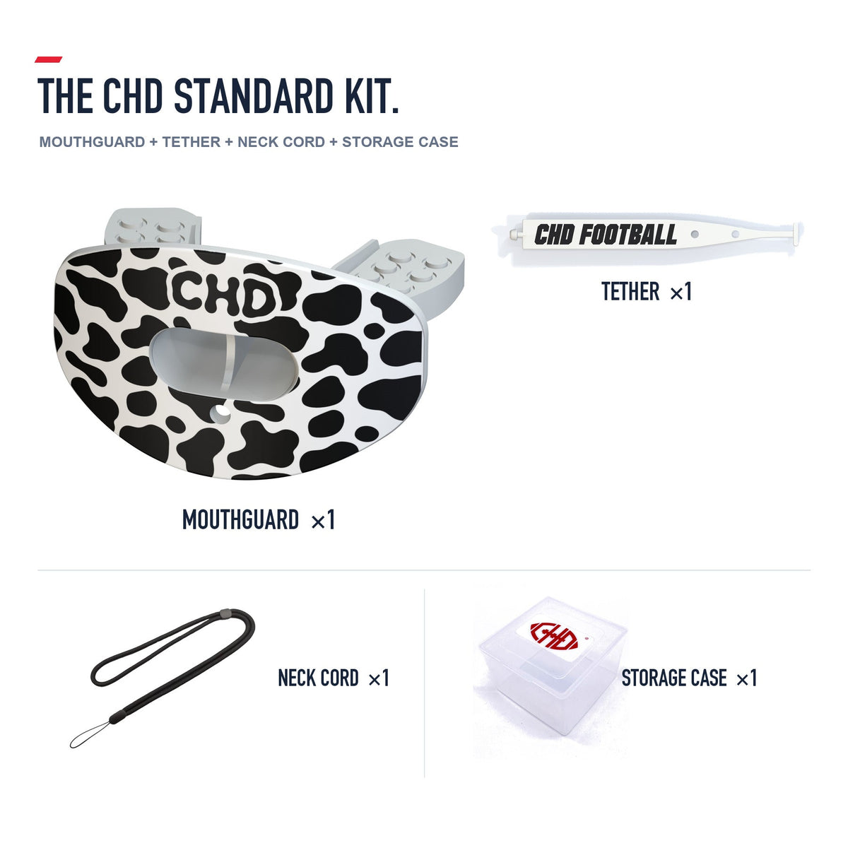 CHD Cow Print Design Football Mouthguard — standard kit with matching tether
