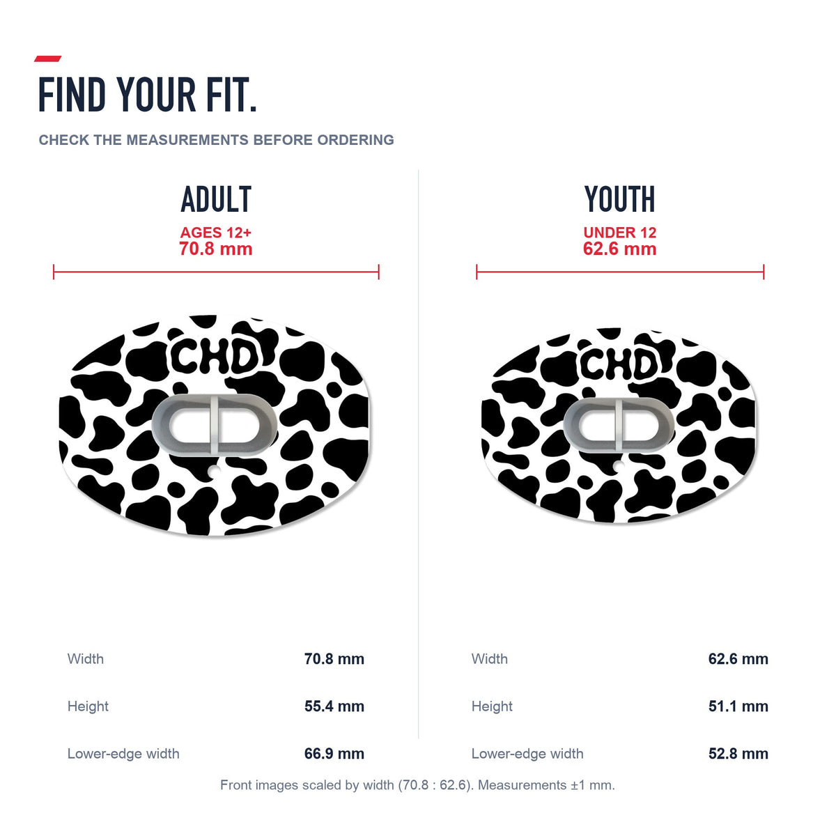 CHD Cow Print Design Football Mouthguard — size and fit guide