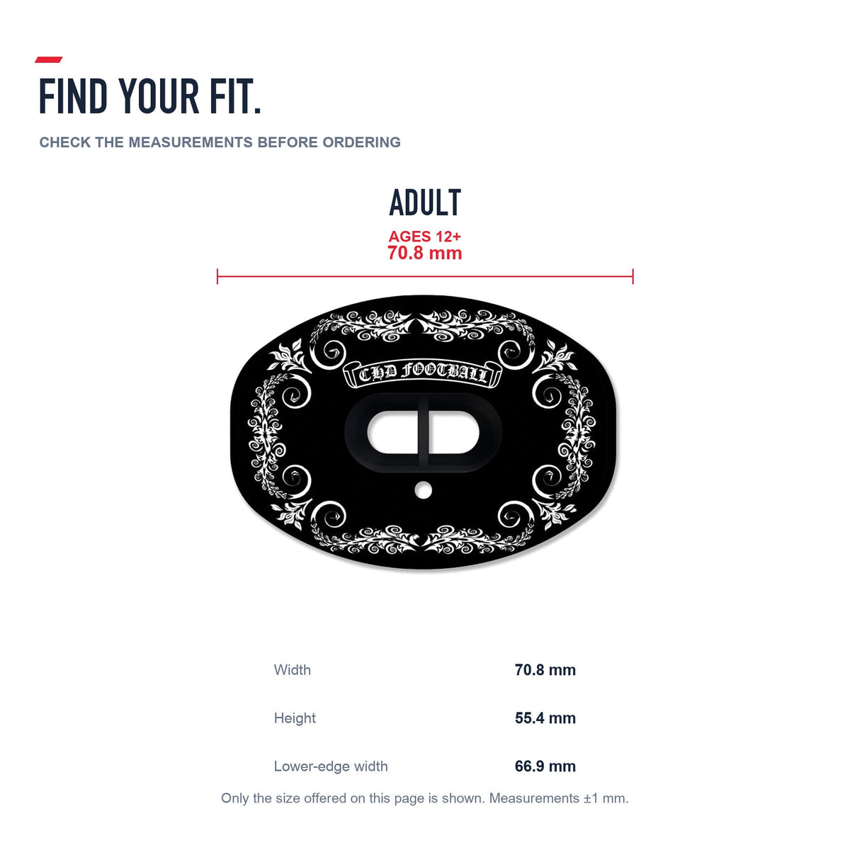 CHD Cross Rose Design Football Mouthguard — size and fit guide