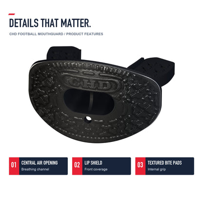 CHD Black Cookie design football mouthguard — angled structure details