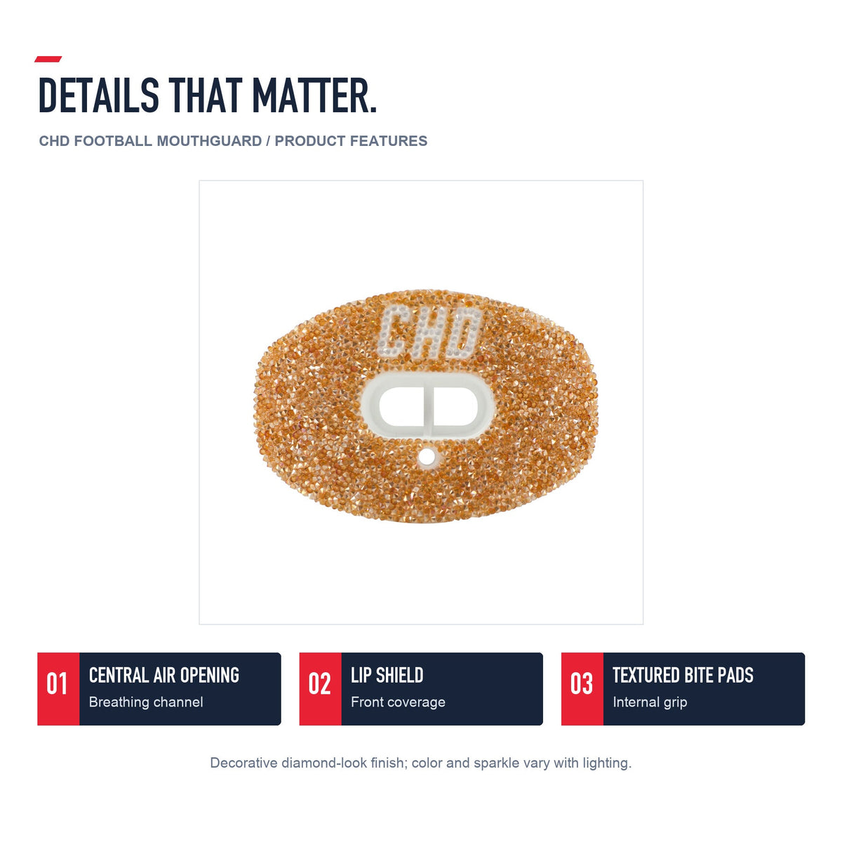 CHD Diamond Gold on White Football Mouthguard — angled structure details