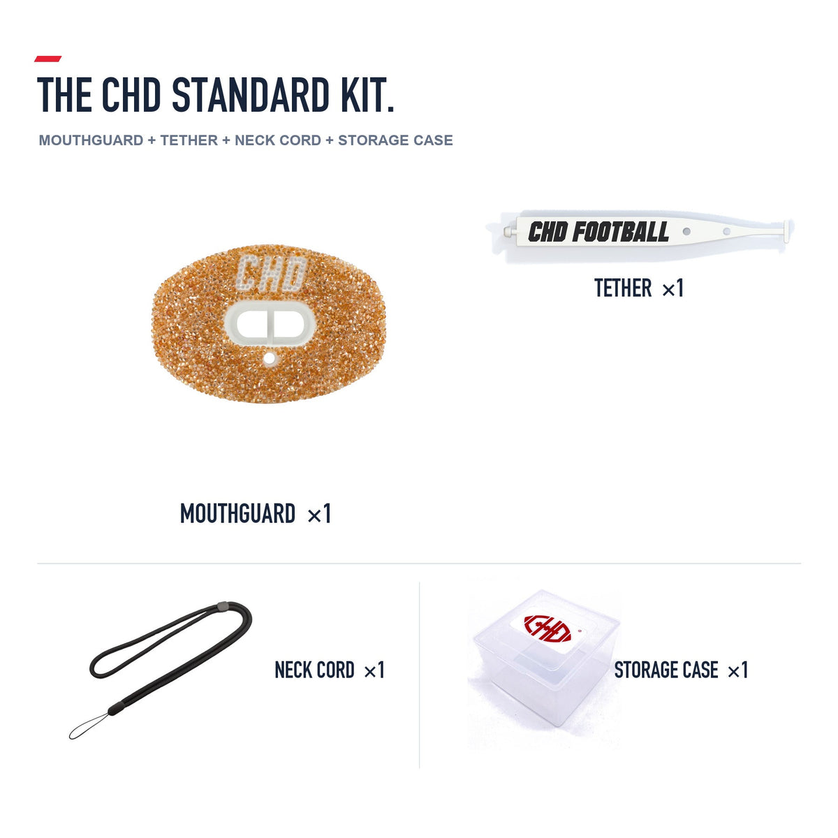 CHD Diamond Gold on White Football Mouthguard — standard kit with matching tether