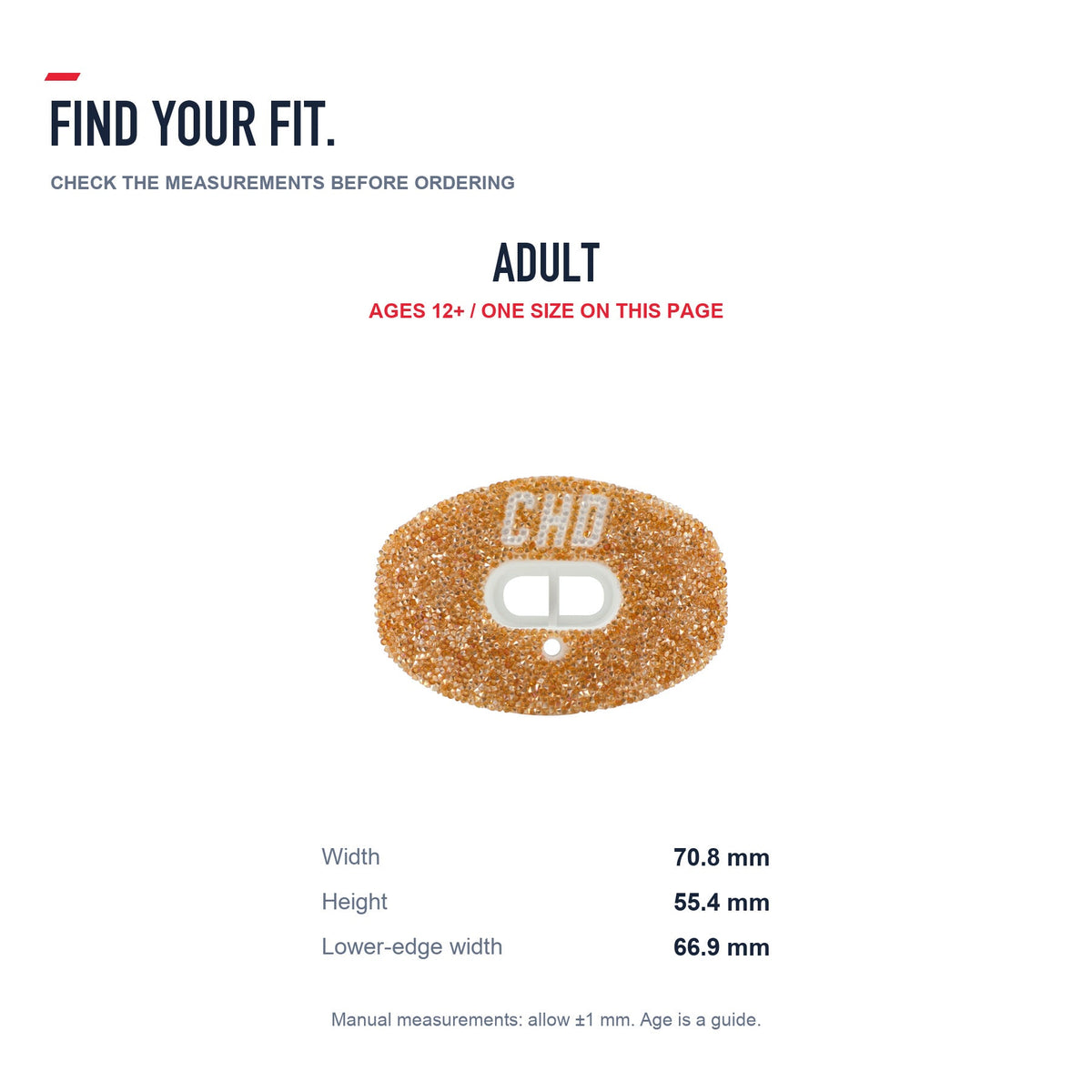 CHD Diamond Gold on White Football Mouthguard — size and fit guide