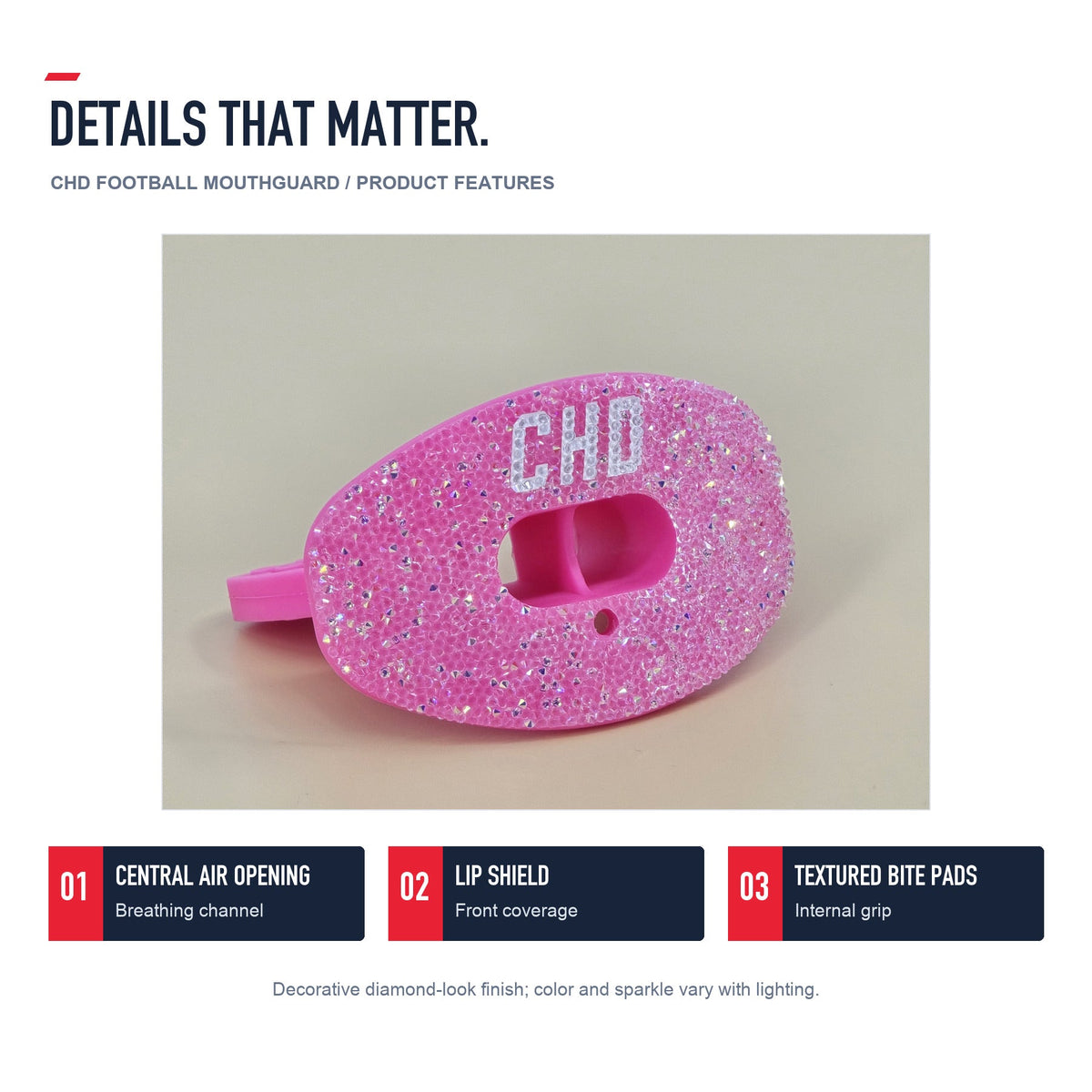 CHD Diamond Pink on Pink Football Mouthguard — angled structure details