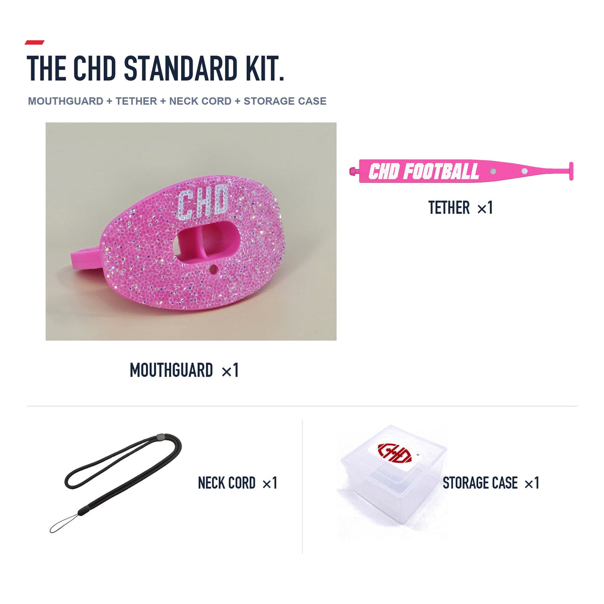 CHD Diamond Pink on Pink Football Mouthguard — standard kit with matching tether