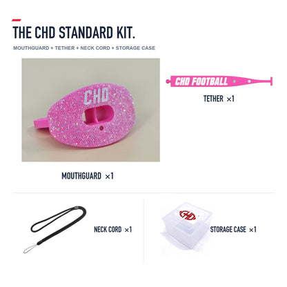 CHD Diamond Pink on Pink Football Mouthguard — standard kit with matching tether