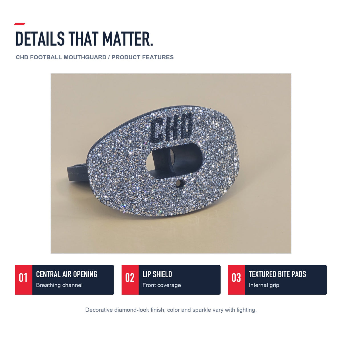 CHD Diamond Silver on Black Football Mouthguard — angled structure details
