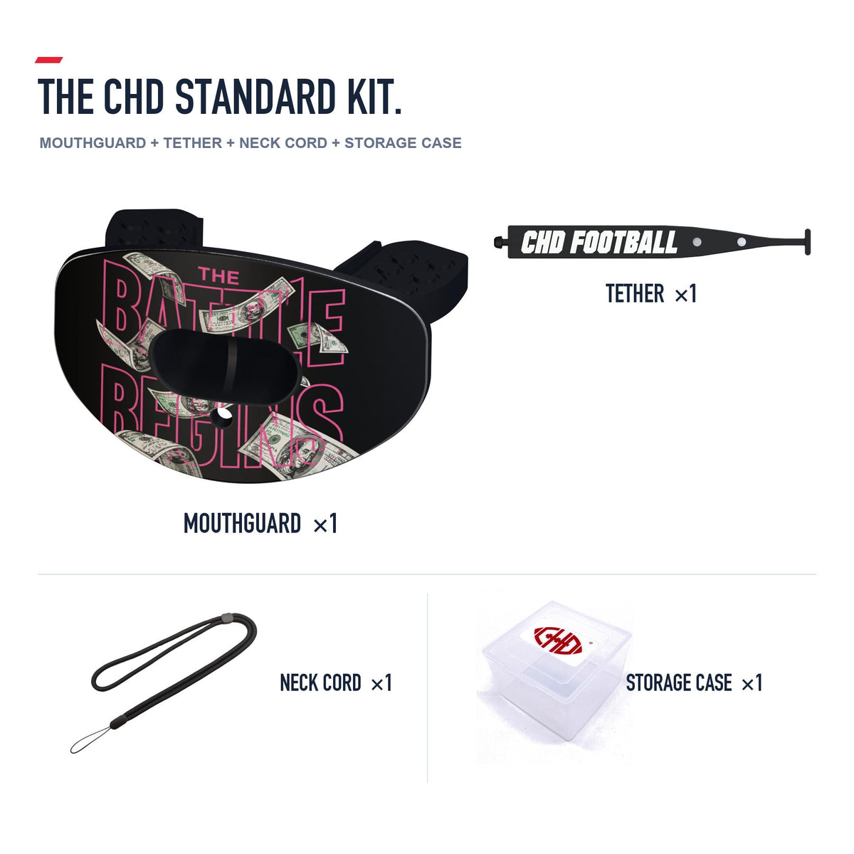 CHD Dollar Street - Black Design Football Mouthguard — standard kit with matching tether