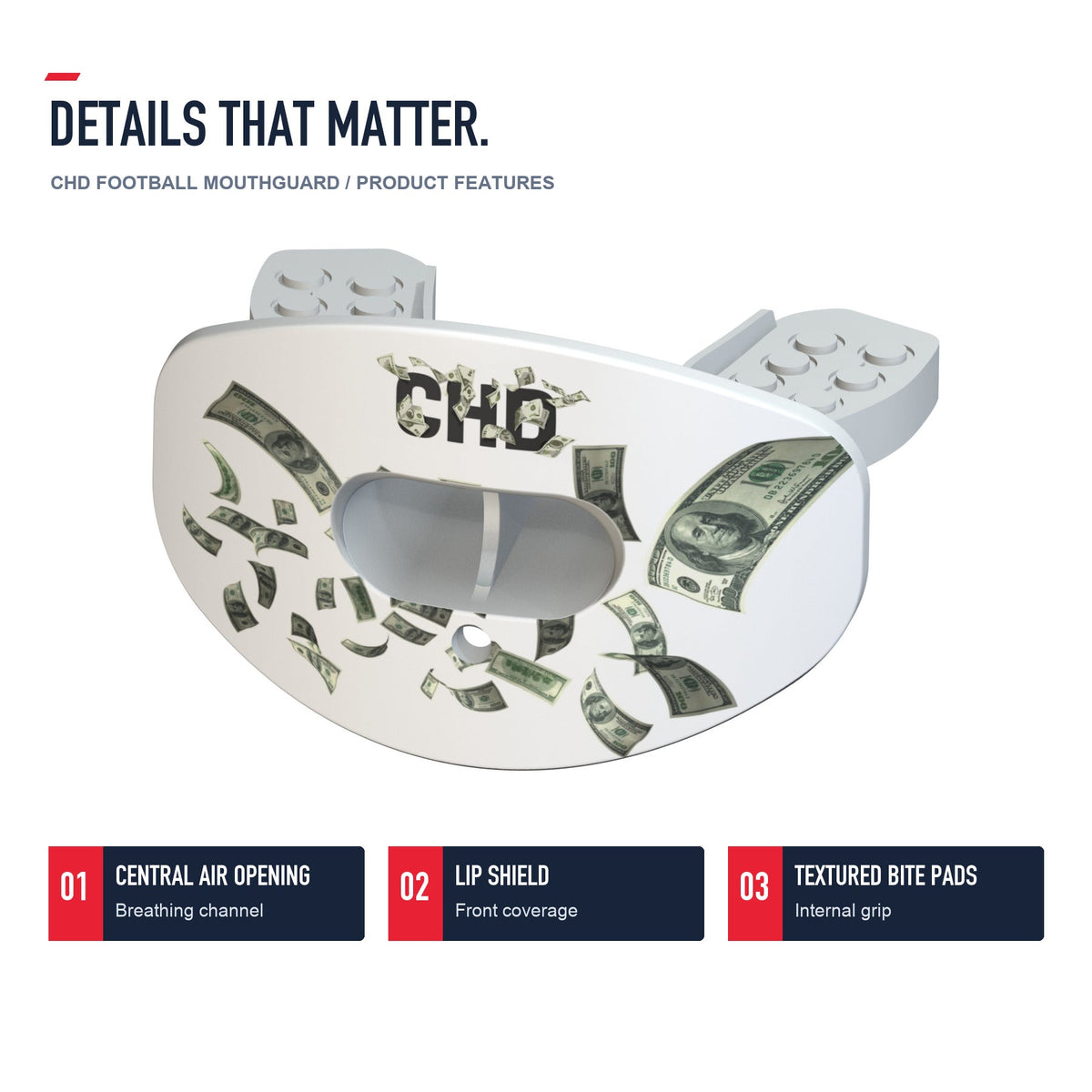 CHD Dollar Street - White Design Football Mouthguard — angled structure details