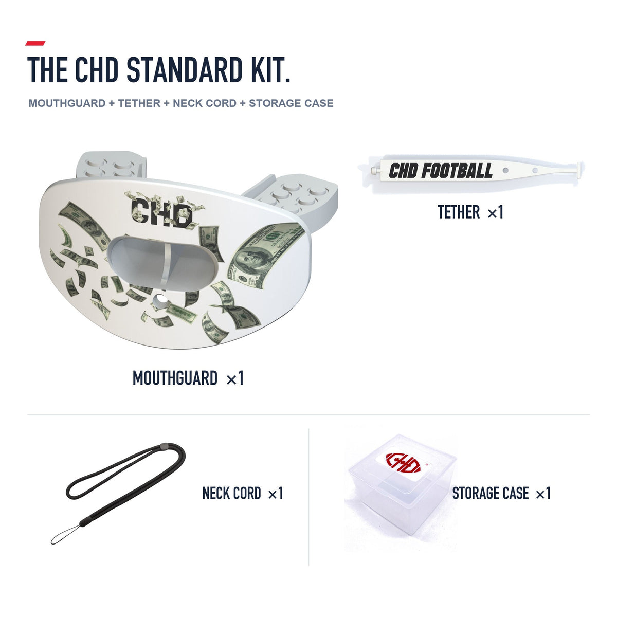 CHD Dollar Street - White Design Football Mouthguard — standard kit with matching tether
