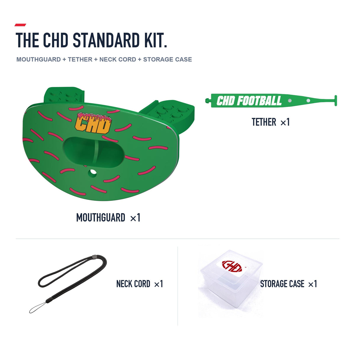CHD Donut - Green Design Football Mouthguard — standard kit with matching tether