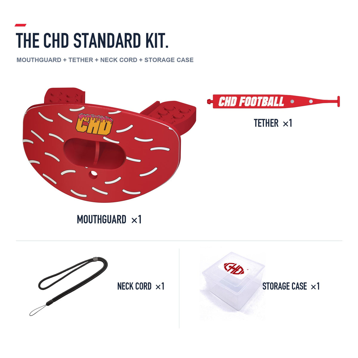 CHD Donut - Red Design Football Mouthguard — standard kit with matching tether